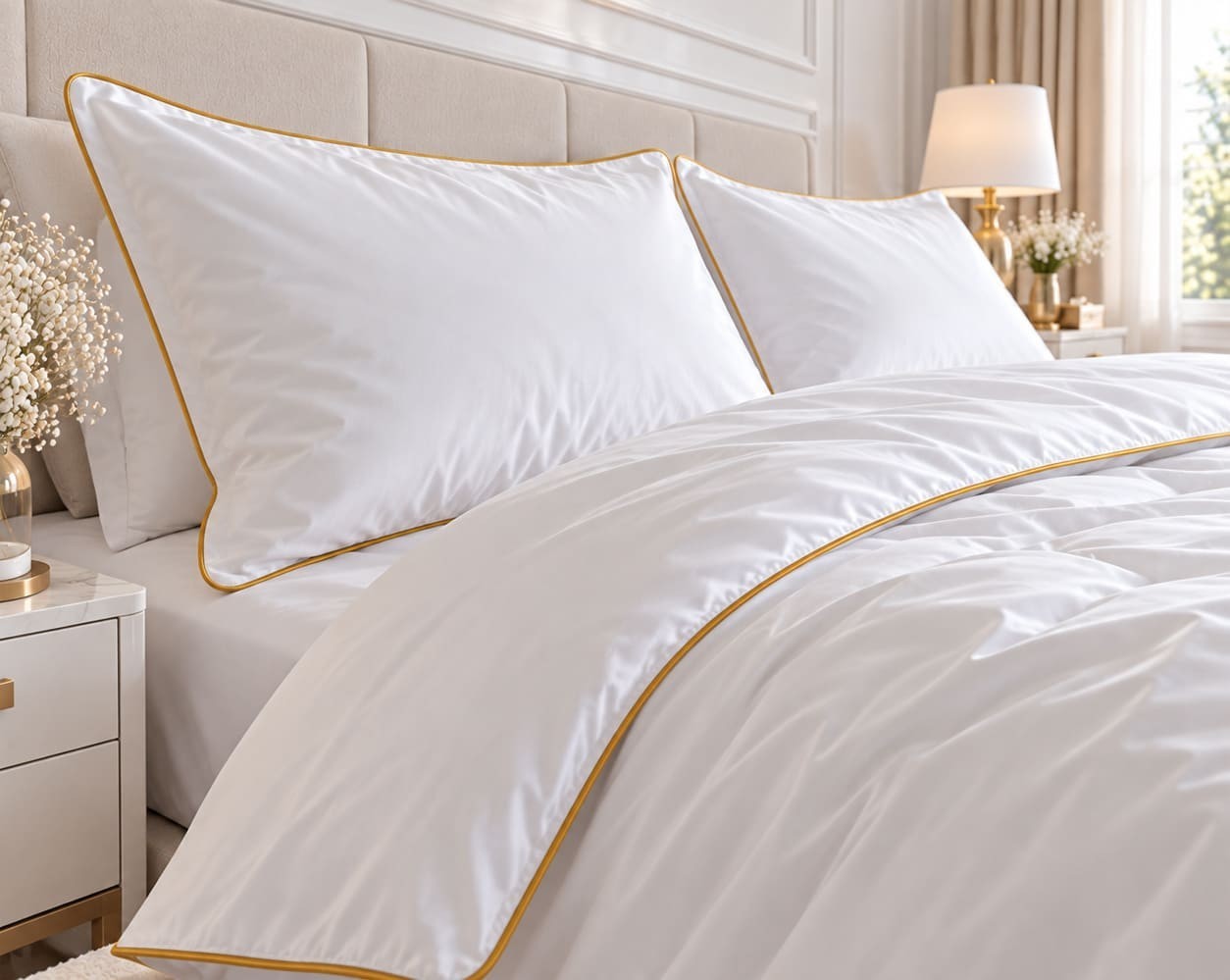 Biała pościel 200x200 Satinella Premium ze złotą wypustką