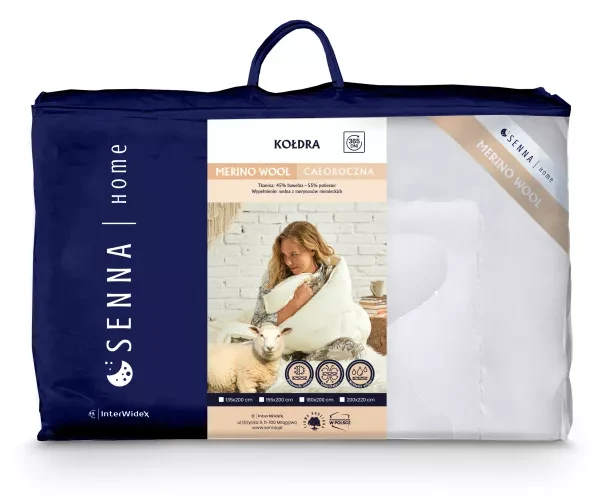 Kołdra 135x200 Merino Wool biała Inter Widex - tkanina, kolor i codzienna pielęgnacja